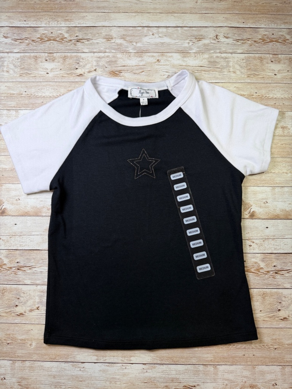 Hippie Rose Black Tee with White Raglan Sleeves and Star Detail